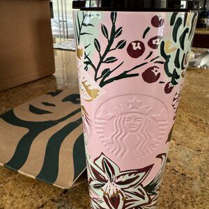 RARE Starbucks 2022 Holiday Pink Enchanted Forest Berry Stainless Tumbler 24oz